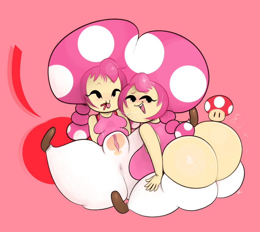 big_breasts big_butt bodily_fluids breasts butt double_cherry female fungi_fauna fungus hi_res humanoid mario_bros mushroom nintendo not_furry ota_(artist) plump_labia pussy saliva saliva_string selfcest square_crossover toad_(mario) toadette video_games