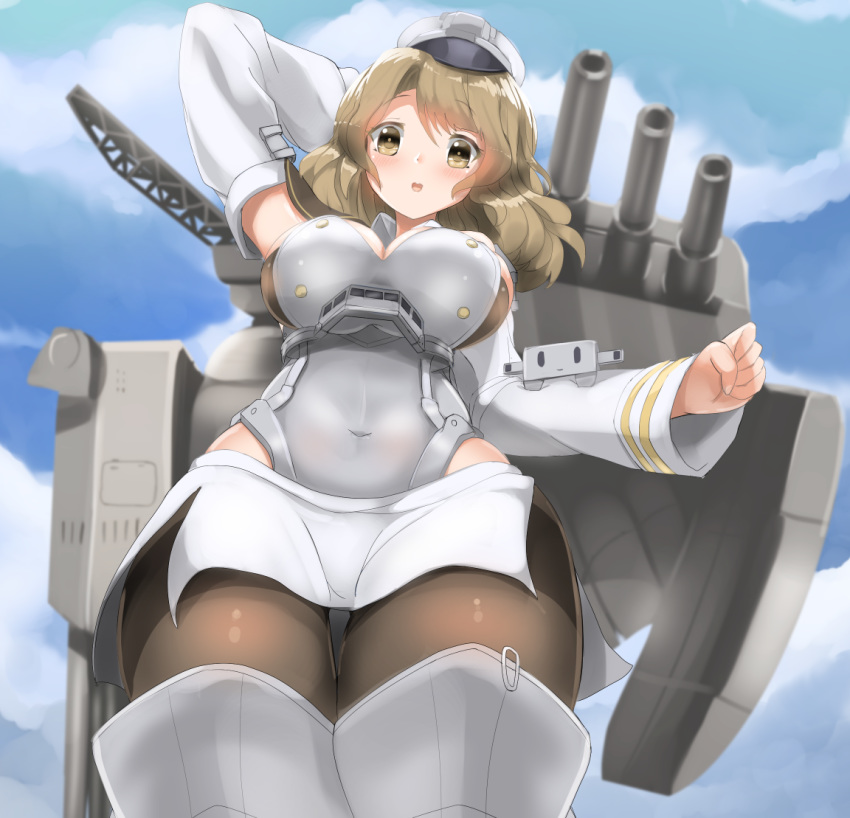 1girl arms_behind_head blonde_hair blue_sky breasts brown_legwear cannon catapult_launcher cloud cloudy_sky corset covered_navel cowboy_shot detached_sleeves dress eyebrows_visible_through_hair from_below hat houston_(kantai_collection) kantai_collection looking_at_viewer medium_breasts medium_hair open_mouth pleated_dress range_finder redundant-cat shin_guards sky smile standing thighhighs thighs tight_top turret white_dress yellow_eyes