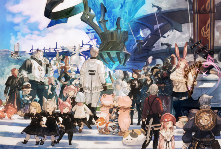 6+boys 6+girls :d animal_costume animal_ears armor astrologian_(final_fantasy) au_ra bard_(final_fantasy) bell black_dress black_footwear blonde_hair blue_sky blush_stickers bow bridge brown_hair bunny_ears carbuncle_(final_fantasy) cat cat_ears closed_eyes cloud commentary commentary_request cosplay day dragon_horns dragon_tail dress elezen elf fat_cat_(ff14) final_fantasy final_fantasy_xiv fish flying_fish frog_costume gloves goldfish hair_bow harp hat helmet holding holding_instrument horns hrothgar instrument lalafell limsa_lominsa long_hair long_sleeves maekakekamen miqo'te multiple_boys multiple_girls music musical_note nier_(series) nier_automata open_mouth outdoors pants pig pink_hair playing_instrument pod_(nier_automata) pointy_ears pom_pom_(clothes) shirt shoes short_hair shorts silver_hair sky smile sparkle staff sweater tail twintails viera white_dress white_hair yorha_no._2_type_b yorha_no._2_type_b_(cosplay)