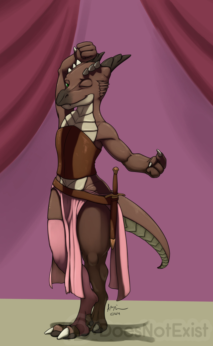 2019 4_fingers 4_toes ambiguous_gender anthro arm_above_head beckoning biped brown_body brown_scales bryce_daeless clothing countershading dagger dewclaw digital_media_(artwork) digitigrade fingers gesture green_eyes hi_res horn kobold legwear loincloth melee_weapon one_eye_closed scales scalie solo standing stockings tan_body tan_scales theandymac toes weapon