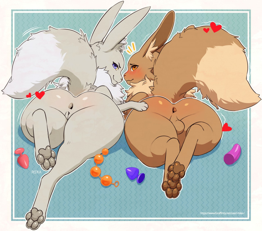 &lt;3 2019 4_toes anal_beads anus balls blush brown_body brown_fur buttplug canid canine duo eevee female feral fur grey_body grey_fur hindpaw male mammal nintendo nude pawpads paws pok&eacute;mon pok&eacute;mon_(species) presenting pussy riska_(artist) sex_toy simple_background smile toes video_games