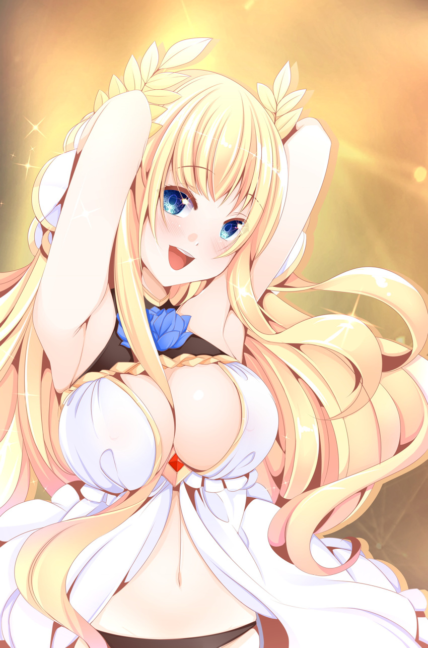 1girl armpits arms_behind_head azur_lane black_panties blonde_hair blue_eyes blue_flower blue_rose blush breasts center_opening cleavage commentary_request dress eyebrows_visible_through_hair flower flower_ornament glint hair_between_breasts highres large_breasts laurel_crown long_hair open_mouth origami_aya panties rose sleeveless sleeveless_dress solo sparkle sparkling_eyes underwear upper_body upper_teeth very_long_hair victorious_(azur_lane) white_dress yellow_background