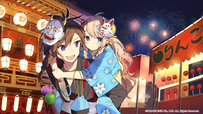 aliasing blonde_hair blue_eyes festival fireworks japanese_clothes kaku-san-sei_million_arthur long_hair male mask misoni_comi square_enix yukata