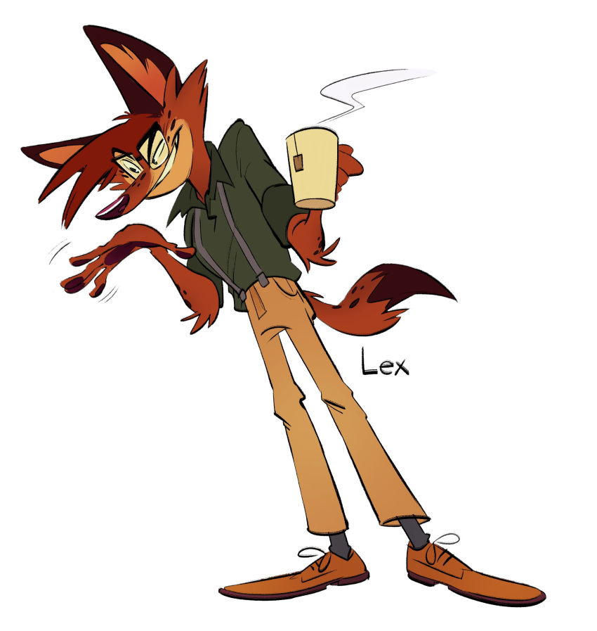 2019 anthro beverage bottomwear brown_body brown_fur canid canine clothing eyewear footwear fox fur glasses hi_res legwear lex male mammal multicolored_body multicolored_fur orange_body orange_fur pants pawpads pegibruno shirt shoes signature simple_background smile socks solo suspenders tall tea topwear two_tone_body two_tone_fur white_background