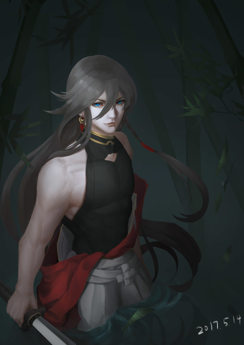 1boy absurdres bamboo bamboo_forest bangs bare_shoulders black_hair blue_eyes closed_mouth dated earrings forest highres holding holding_sword holding_weapon in_water izumi-no-kami_kanesada jewelry long_hair looking_at_viewer male_focus nature solo standing sword touken_ranbu water weapon yiqing_(yohare)