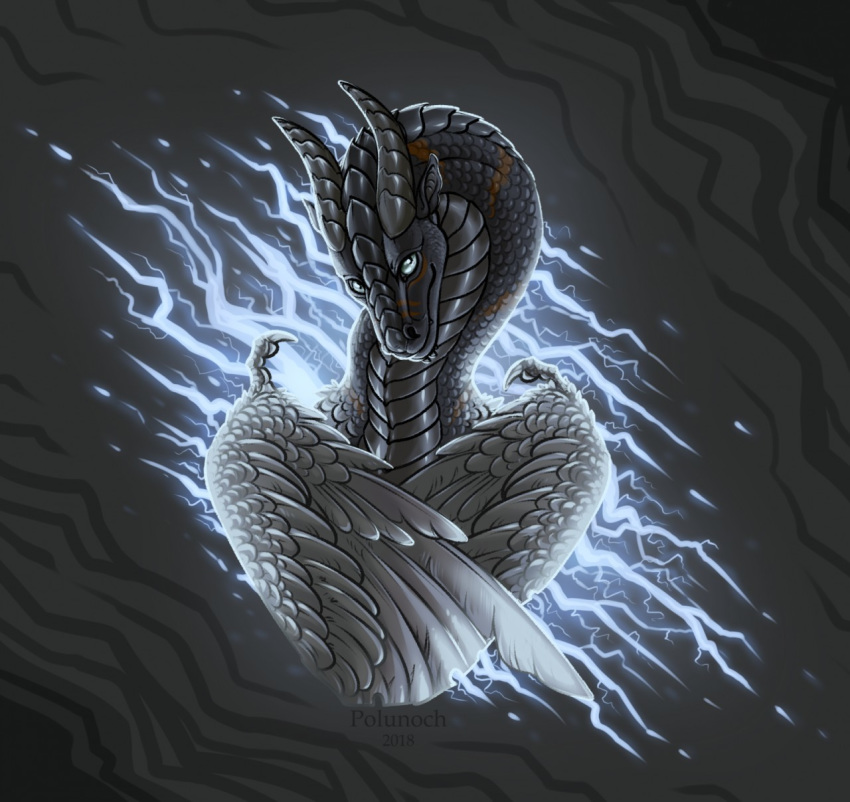 2018 black_body black_scales digital_media_(artwork) dragon feathered_dragon feathered_wings feathers headshot_portrait horn polunoch portrait scales wings