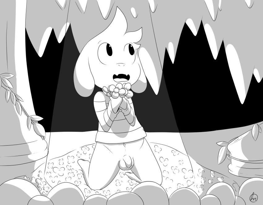 asriel_dreemurr balls black_eyes bottomless clothed clothing contimplatininspiratio cub flaccid flower foreskin hi_res male penis plant undertale video_games young