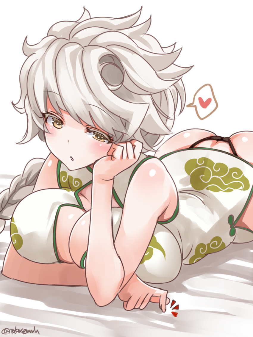 1girl alternate_costume ass asymmetrical_hair bangs black_panties blush braid breasts chinese_clothes cleavage cloud_print elbow_rest eyebrows_visible_through_hair heart highres kantai_collection large_breasts lying on_stomach panties simple_background single_braid solo spoken_heart takase_muu twitter_username underwear unryuu_(kantai_collection) wavy_hair white_background white_hair yellow_eyes