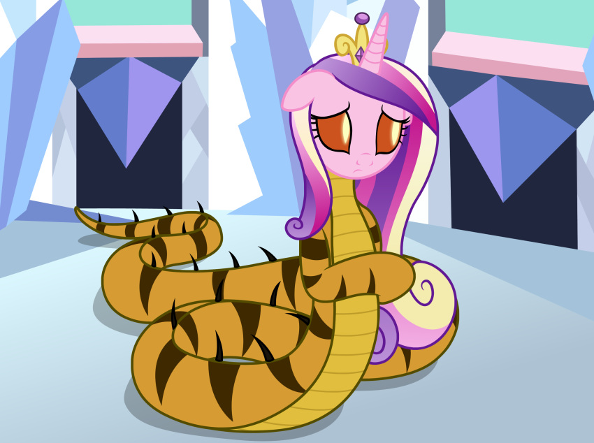 alternate_species badumsquish crown crystal_empire equid female floppy_ears friendship_is_magic hi_res horn jewelry lamia lamiafied looking_away mammal my_little_pony nervous princess_cadance_(mlp) red_eyes regalia reptile sad scalie serpentine snake solo stripes transformation unicorn