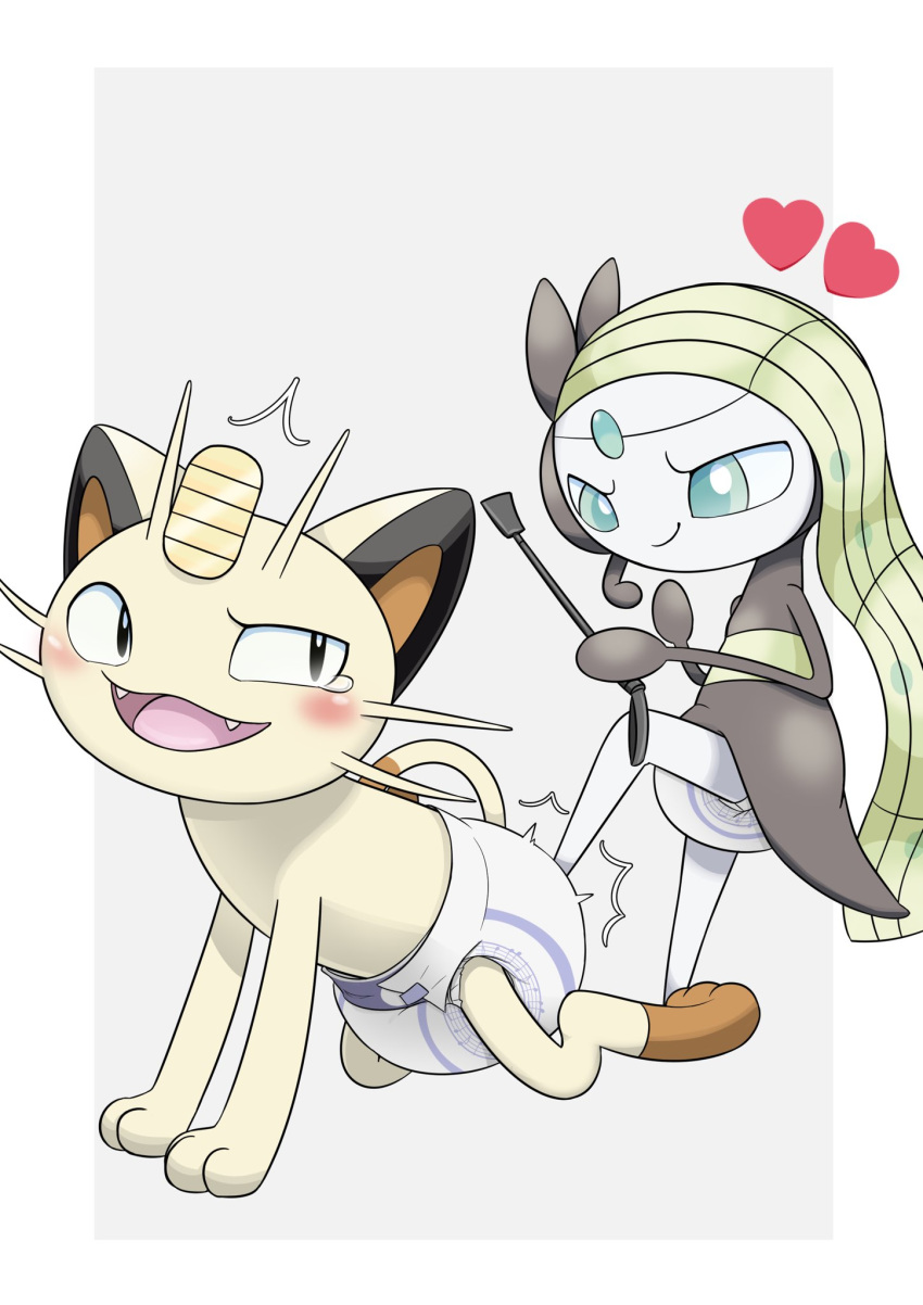 &lt;3 2019 all_fours blush diaper domination duo fur invalid_tag kneeling legendary_pok&eacute;mon meloetta meowth nintendo nyanyakotarou open_mouth pok&eacute;mon pok&eacute;mon_(species) video_games whip