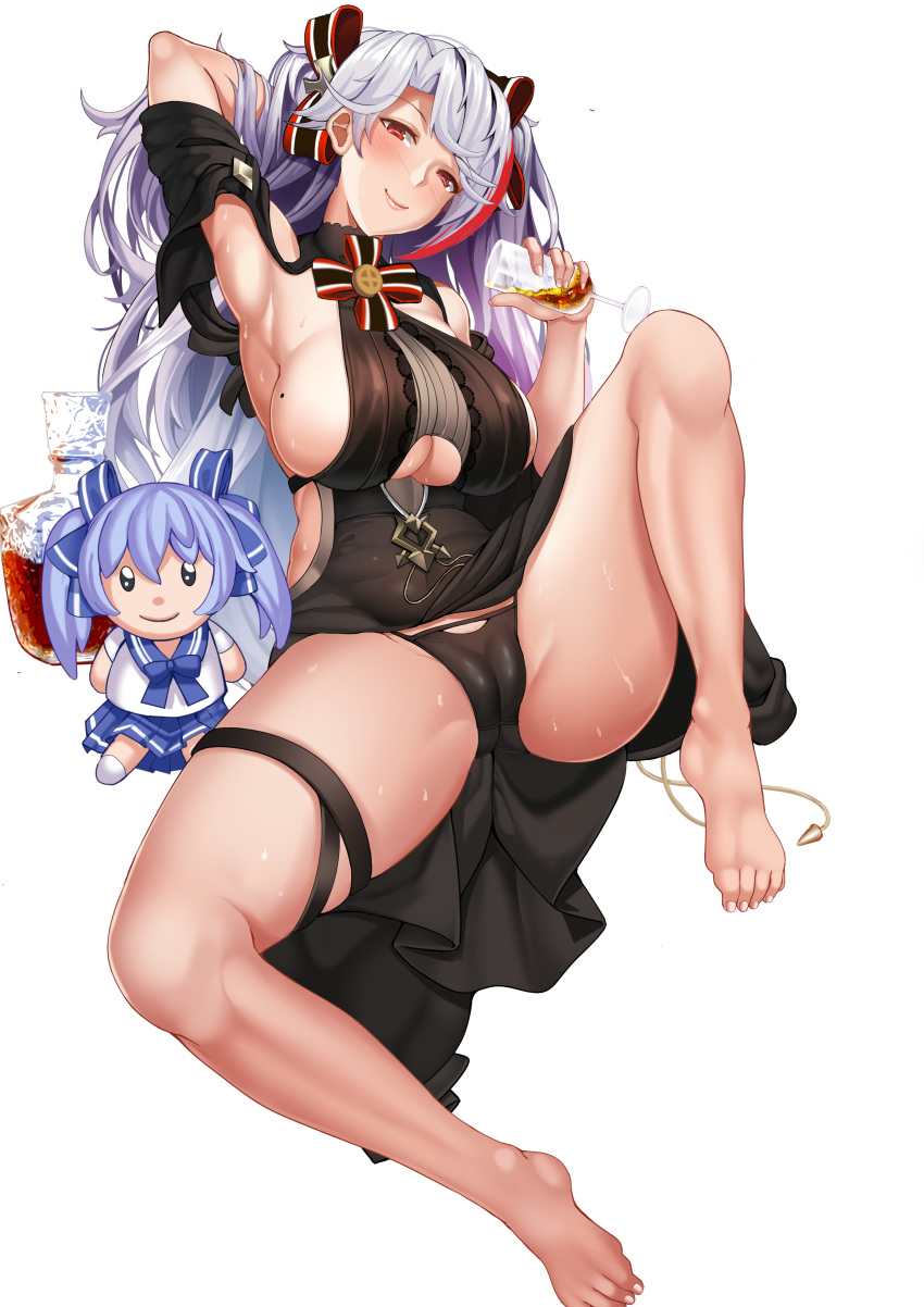 1girl absurdres alcohol alternate_costume antenna_hair armpits azur_lane bangs bare_shoulders barefoot black_dress black_panties blush bottle bow breasts brown_eyes cameltoe character_doll closed_mouth cup dress dress_aside eyebrows_visible_through_hair feet hair_between_eyes hair_bow hasaya head_tilt highres holding holding_cup knee_up large_breasts long_hair looking_at_viewer mole mole_on_breast multicolored_bow multicolored_hair panties pelvic_curtain pouring pouring_onto_self prinz_eugen_(azur_lane) prinz_eugen_(cordial_cornflower)_(azur_lane) red_hair shoulder_cutout side_cutout sidelocks silver_hair simple_background sitting skindentation smile solo streaked_hair swept_bangs thigh_strap thighs toes two_side_up underboob underboob_cutout underwear very_long_hair wet white_background