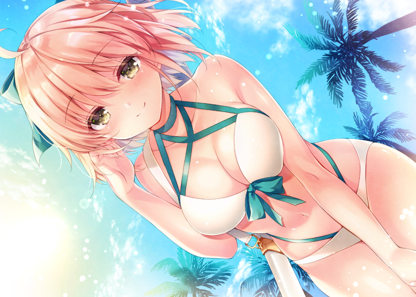 aliasing bikini blonde_hair blush breasts clouds fate/grand_order fate_(series) navel nogi_takayoshi okita_souji_(fate) short_hair sky swimsuit tree waifu2x yellow_eyes