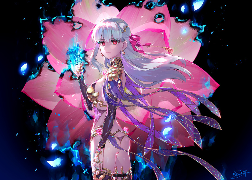 1girl armor artist_name ass back bangs bikini_armor black_background blue_fire breasts circlet closed_mouth detached_sleeves dress earrings fate/grand_order fate_(series) fire flower hair_ribbon highres jewelry kama_(fate/grand_order) large_breasts long_hair looking_at_viewer lotus pauldrons petals pink_ribbon purple_dress purple_legwear purple_sleeves red_eyes redrop revealing_clothes ribbon signature silver_hair solo thigh_strap thighhighs thighlet
