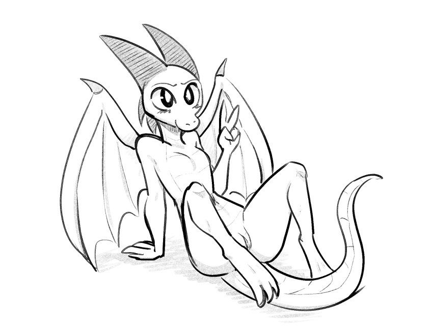 2019 anthro arm_support blush breasts dragon featureless_breasts female fuel_(artist) gesture greyscale hi_res membrane_(anatomy) membranous_wings monochrome nude pussy reclining scalie simple_background small_breasts smile solo spikes spread_wings syl_(enginetrap) v_sign white_background wings