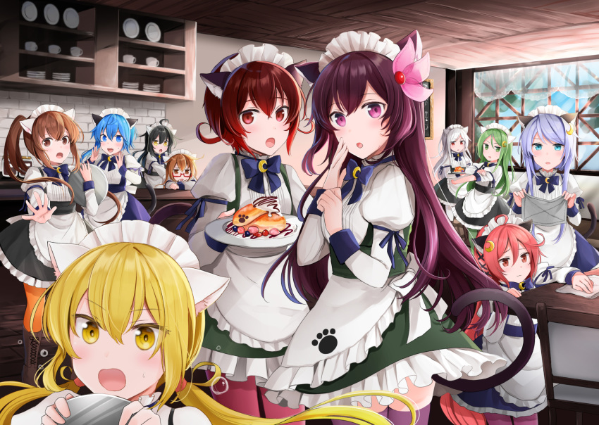 6+girls animal_ears apron bangs black_hair blonde_hair blue_eyes blue_hair blue_neckwear boots bow bowtie brown_eyes brown_hair cat_ears cat_tail chair commentary_request crescent crescent_hair_ornament crescent_moon crescent_moon_pin eyebrows_visible_through_hair fumizuki_(kantai_collection) glasses green_eyes hair_between_eyes hair_ornament highres holding holding_cloth holding_plate indoors kantai_collection kikuzuki_(kantai_collection) kisaragi_(kantai_collection) long_hair long_sleeves looking_at_viewer low_twintails maid maid_apron maid_headdress mikazuki_(kantai_collection) minazuki_(kantai_collection) mochizuki_(kantai_collection) moon multiple_girls mutsuki_(kantai_collection) nagatsuki_(kantai_collection) open_mouth orange_legwear outstretched_arm paw_print pink_legwear plate purple_eyes red_eyes red_hair satsuki_(kantai_collection) short_hair short_ponytail silver_hair swept_bangs table tail thighhighs twintails uzuki_(kantai_collection) v-shaped_eyebrows window yayoi_(kantai_collection) yellow_eyes yunamaro