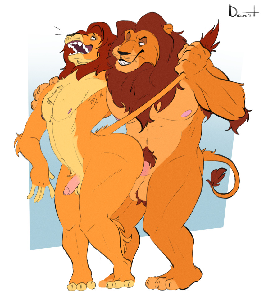2019 5_fingers age_difference anal anthro balls butt digital_media_(artwork) disney doost erection fingers fur grabbing hair hi_res humanoid_penis incest male male/male male_penetrating mammal nipples nude open_mouth parent parent_and_child penetration penis sex simple_background size_difference smile the_lion_king younger_male
