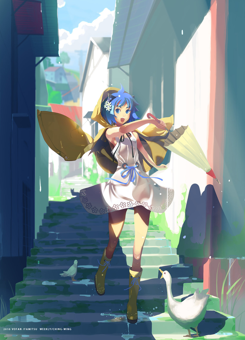 2010 :d artist_name bare_arms bird blue_eyes blue_hair boots day dress duck flower hair_flower hair_ornament highres holding house legs looking_at_viewer open_mouth original outdoors puddle raincoat shadow smile solo stairs umbrella vofan white_dress yellow_footwear