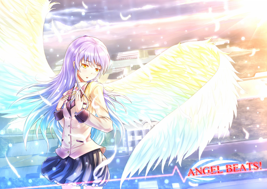 angel_beats! feathers highres kazeno purple_hair school_uniform skirt solo tenshi_(angel_beats!) wings yellow_eyes