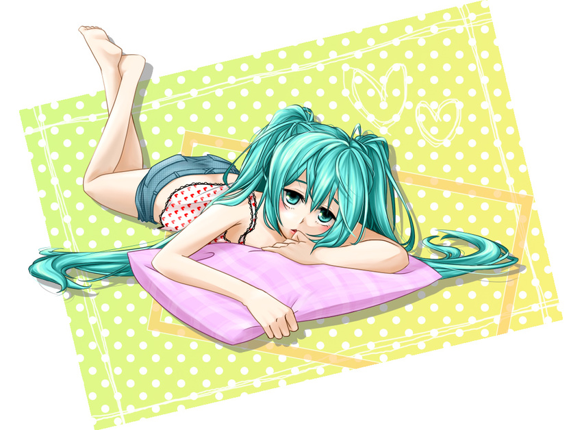 aqua_eyes aqua_hair bad_id bad_pixiv_id barefoot blush crossed_legs feet foreshortening hands hatsune_miku long_hair lying marie_no13 midriff on_stomach pillow solo twintails vocaloid