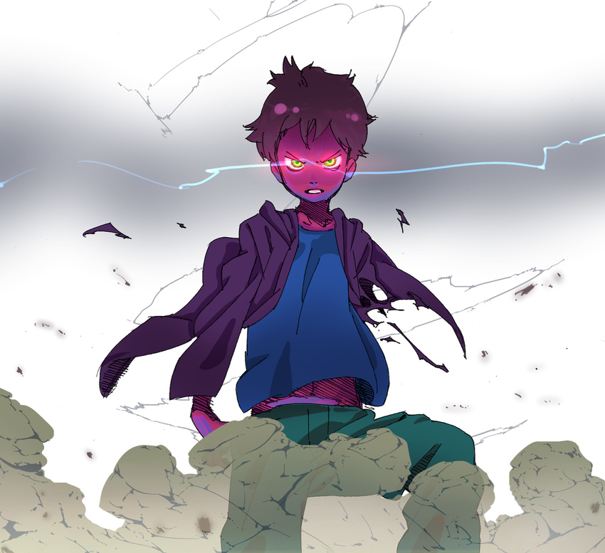 android angry atom_(tetsuwan_atom) bad_id bad_pixiv_id dust electricity glowing glowing_eyes hood hoodie male_focus midriff pluto_(manga) red_skin scowl solo sotetsu tetsuwan_atom torn_clothes wind