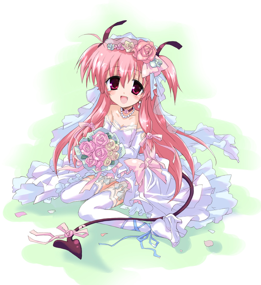 absurdres angel_beats! ankle_lace-up bad_id bad_pixiv_id bouquet bride cross-laced_footwear demon_tail dress earrings fang flower highres hizuki_yayoi jewelry long_hair necklace petals pink_eyes pink_hair ribbon shoe_dangle solo tail tail_ribbon thighhighs two_side_up wedding_dress yui_(angel_beats!)