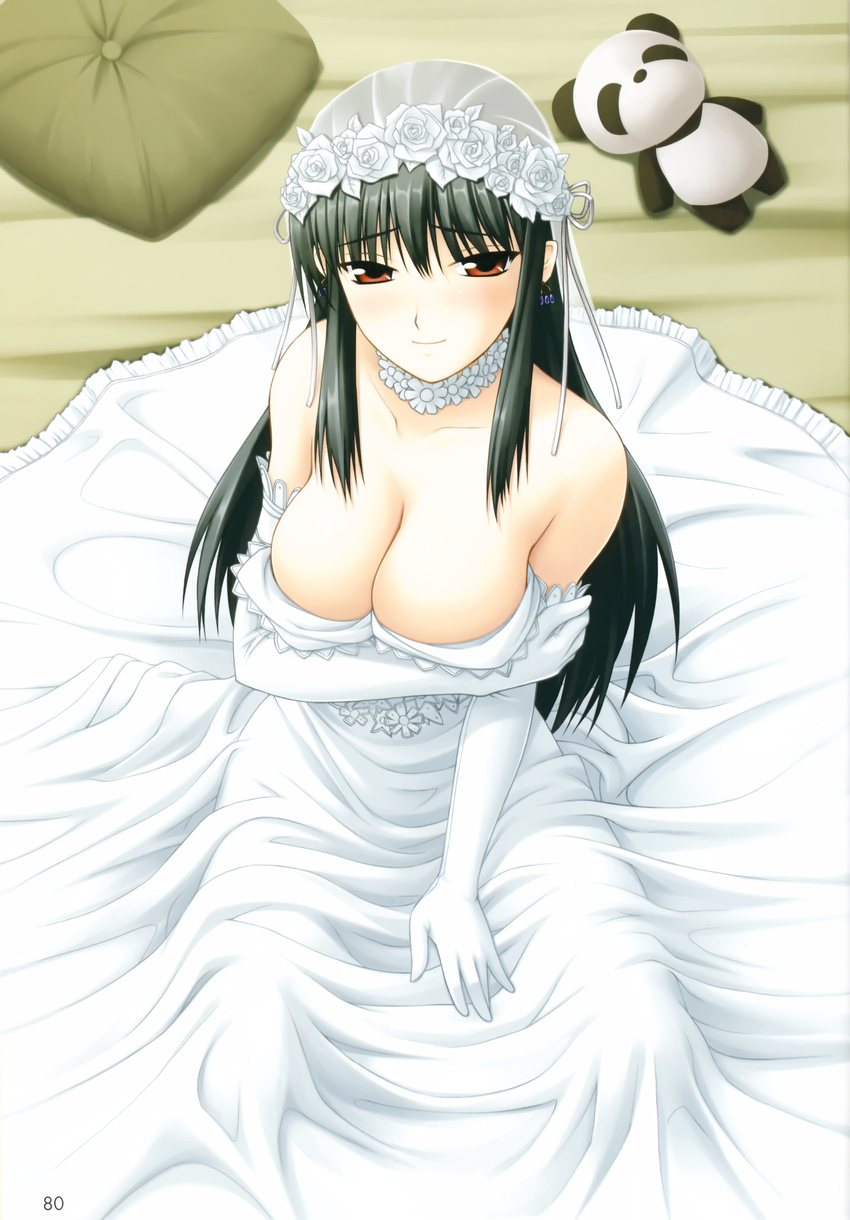 absurdres breasts bridal_veil bride dress elbow_gloves flower gloves highres kimi_ga_aruji_de_shitsuji_ga_ore_de kuonji_shinra large_breasts non-web_source panda pillow shironeko_sanbou solo stuffed_animal stuffed_panda stuffed_toy veil wedding_dress white_dress