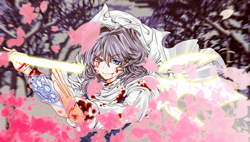 bad_id bad_pixiv_id bleeding blood blood_on_face blue_eyes card hat highres holding holding_card injury kumonji_aruto lavender_hair letty_whiterock petals polearm short_hair smile solo spell_card touhou trident weapon