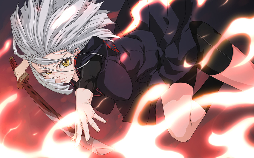 bike_shorts breasts cozy hands large_breasts lightning original skirt solo sword weapon white_hair yellow_eyes