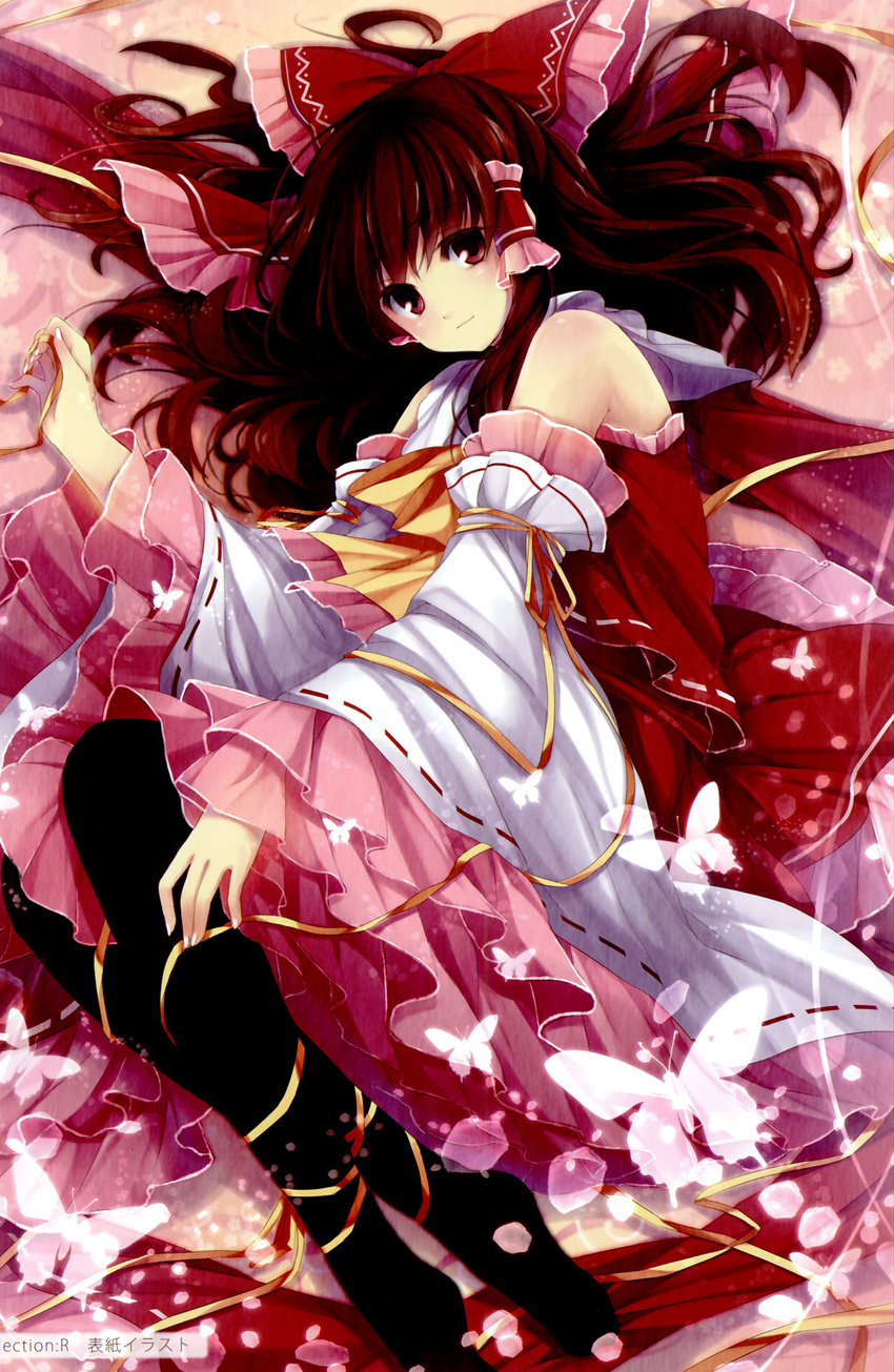 black_legwear bow brown_hair bug butterfly detached_sleeves embellished_costume fingernails frills gathers hagiwara_rin hair_bow hair_tubes hakurei_reimu highres insect leg_ribbon lolita_fashion long_hair looking_at_viewer lying nail_polish on_side pantyhose petals red_eyes ribbon scan smile solo touhou wa_lolita white_nails wide_sleeves