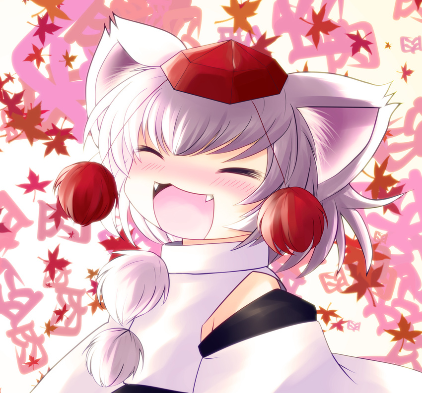 animal_ears blush closed_eyes detached_sleeves fangs hat highres inubashiri_momiji leaf open_mouth silver_hair solo tokin_hat touhou wolf_ears yume_shokunin