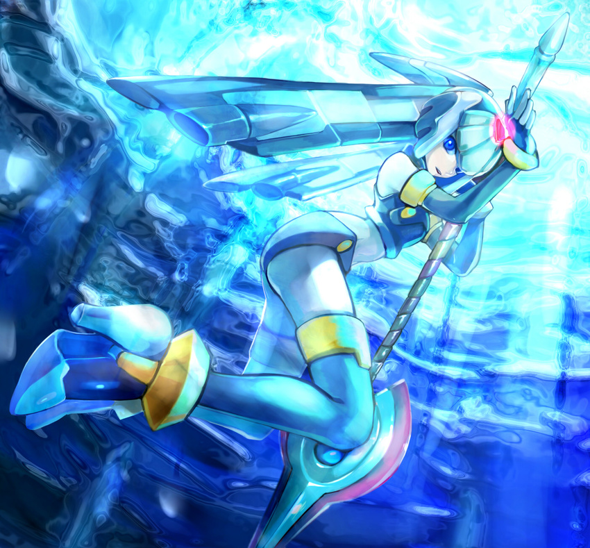 android blue_eyes blue_hair boots highres kon_(kin219) leviathan_(rockman) ocean polearm robot rockman rockman_zero solo spear weapon