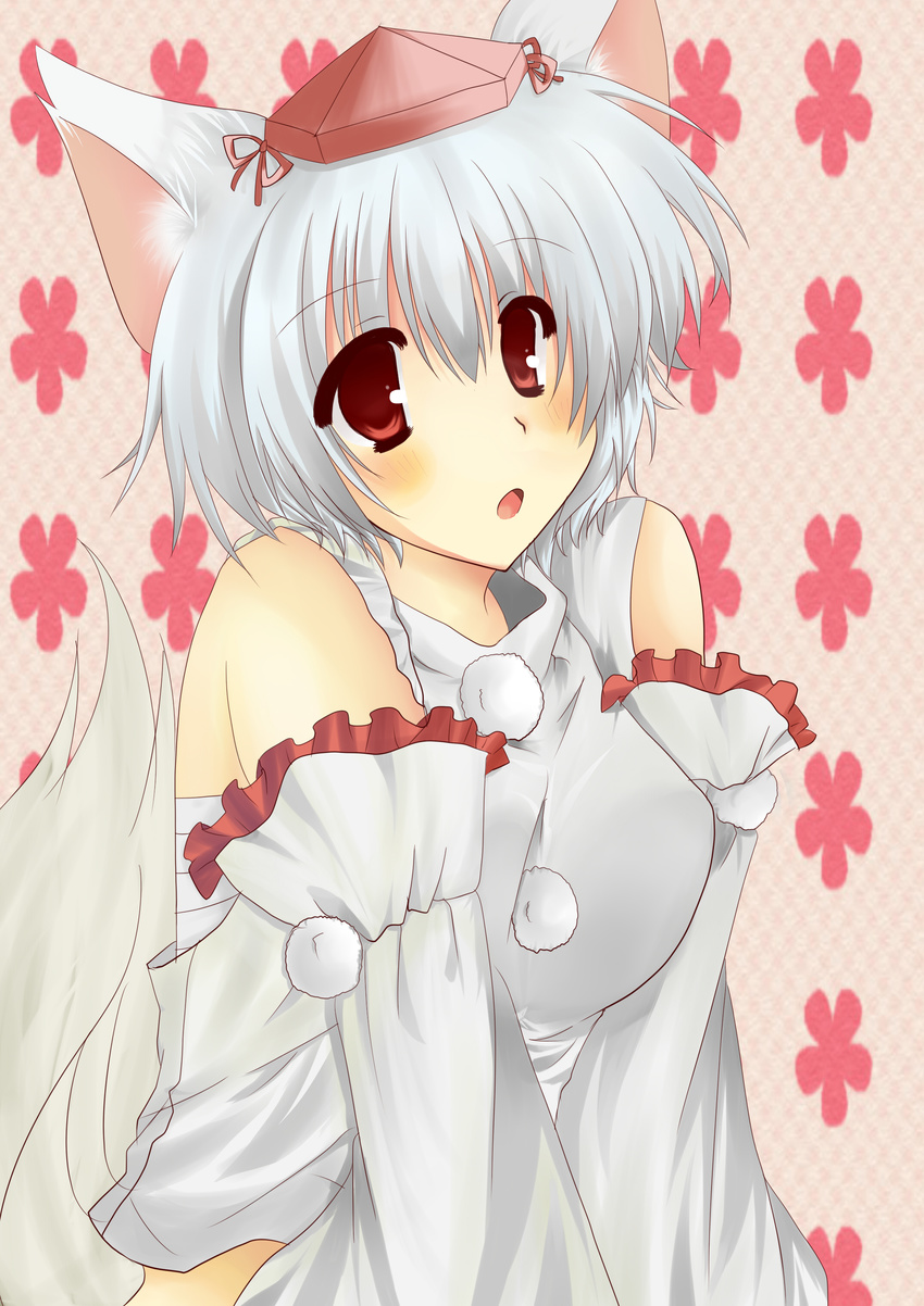 absurdres animal_ears bare_shoulders detached_sleeves hat highres inubashiri_momiji red_eyes sarashi short_hair silver_hair solo soluto tail tokin_hat touhou wolf_ears wolf_tail