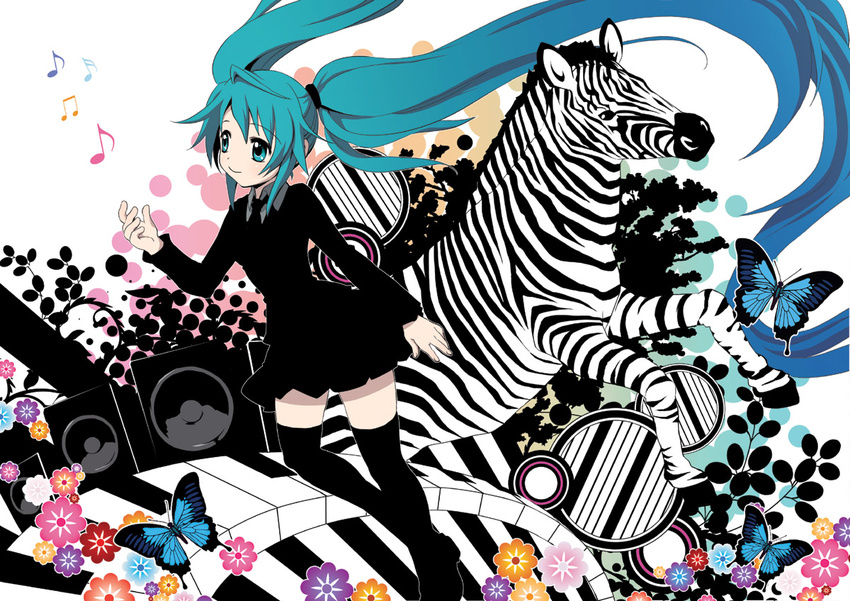 aqua_eyes aqua_hair bad_id bad_pixiv_id bug butterfly dress flower formal hatsune_miku insect long_hair musical_note necktie piano_keys saihate_(vocaloid) solo speaker thighhighs twintails very_long_hair vocaloid yumigon zebra