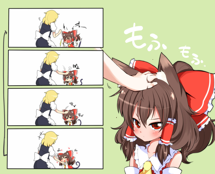 :&lt; anger_vein angry animal_ears bare_shoulders big_hair blonde_hair blush bow brown_hair cat_ears cat_tail chibi chin_tickle comic detached_sleeves fang frown hair_bow hakurei_reimu happy heart highres kemonomimi_mode kirisame_marisa large_bow multiple_girls no_hat no_headwear petting ponytail red_eyes sequential short_hair silent_comic slit_pupils tail touhou yasuda younger