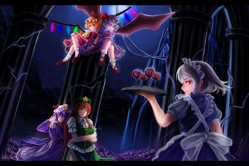 cup drinking_glass flandre_scarlet glowing glowing_eyes hat highres hong_meiling izayoi_sakuya maid_headdress moon multiple_girls patchouli_knowledge pillar plant qblade red_eyes remilia_scarlet touhou vines wine_glass wings