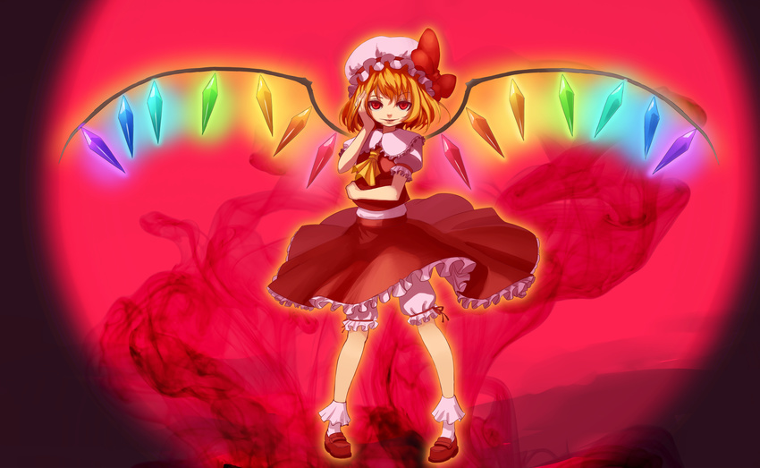 bad_id bad_pixiv_id blonde_hair bloomers bobby_socks flandre_scarlet full_moon glowing hand_on_own_face hat highres kansou_samehada moon ponytail rainbow_order red_eyes red_moon short_hair side_ponytail slit_pupils smirk socks solo touhou underwear wings