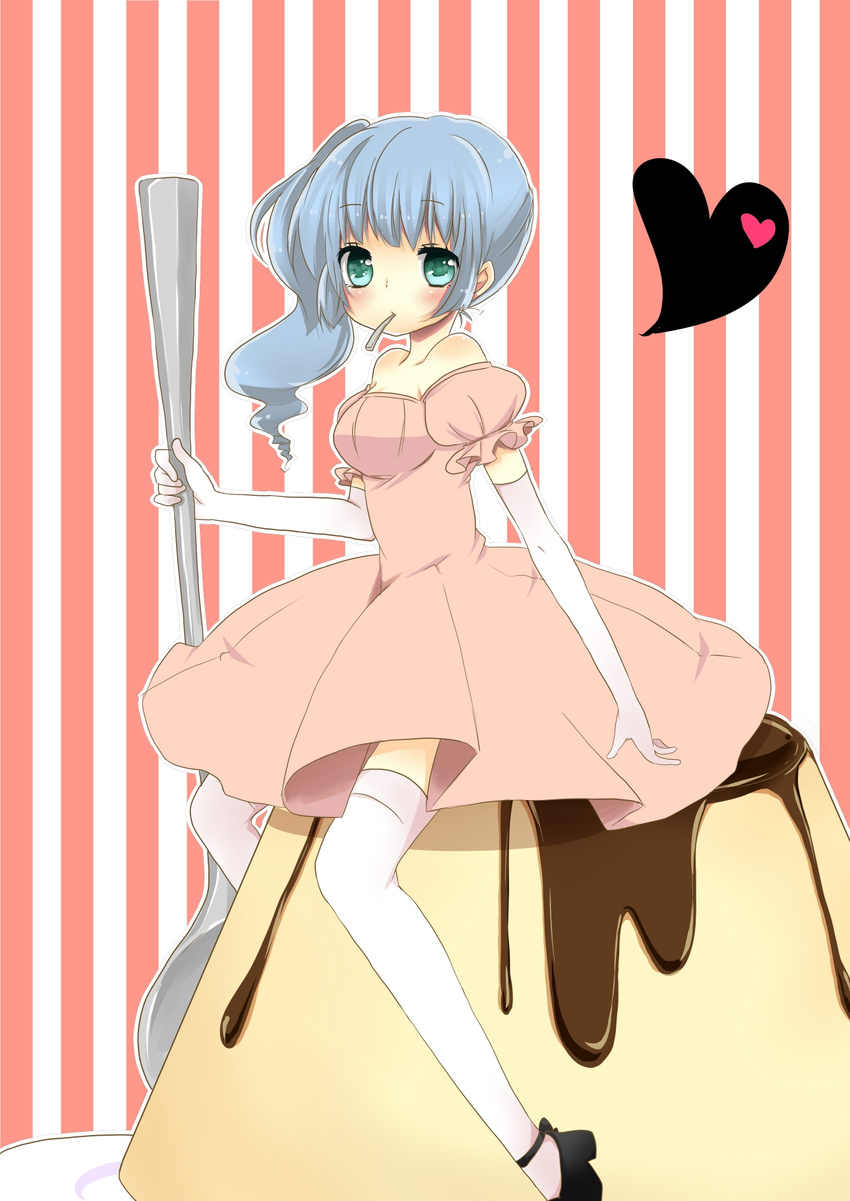 asymmetrical_hair bad_id bad_pixiv_id blue_hair blush dress elbow_gloves food gloves green_eyes hatsune_miku highres long_hair mikio_k._gobouten mouth_hold pudding side_ponytail sitting solo spoon striped thighhighs vocaloid