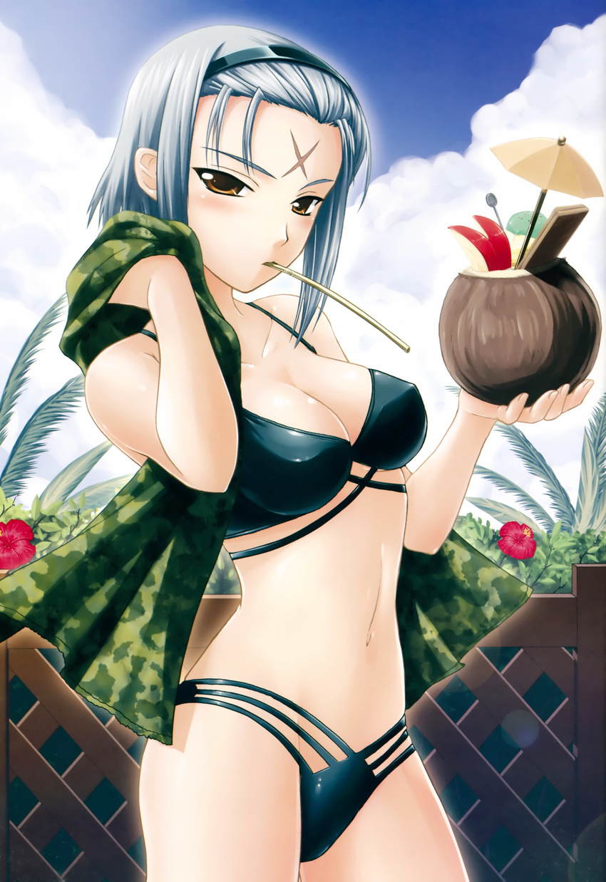 absurdres bikini blush breasts camouflage cleavage cloud cocktail_umbrella coconut covered_nipples day drinking_straw facial_mark fence flower forehead_mark fruit_cup groin hairband hibiscus highres holding kimi_ga_aruji_de_shitsuji_ga_ore_de kuki_ageha lens_flare looking_at_viewer looking_back medium_breasts mouth_hold navel non-web_source official_art orange_eyes outdoors over_shoulder palm_tree profile scan scar shironeko_sanbou short_hair sidelocks silver_hair sky solo standing swimsuit towel tree wooden_fence