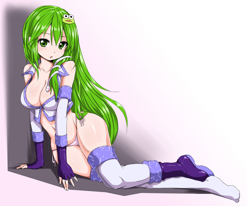 arm_support boots breasts cleavage crop_top fingerless_gloves frog gloves green_eyes green_hair hair_ornament highres kochiya_sanae large_breasts long_hair md5_mismatch panties shiny shiny_skin shoes side-tie_panties single_shoe snake solo thighhighs touhou underwear zaxwu