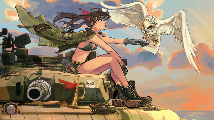 bikini_top bird boots brown_eyes brown_hair bugle gloves ground_vehicle gun hair_ribbon handgun holster impossible_clothes instrument legs long_hair mauser_c96 military military_uniform military_vehicle motor_vehicle open_clothes owl pistol ribbon shorts sitting sky solo sora_no_woto suminoya_kureha tank tianyu74 twintails type_99_tank uniform water weapon