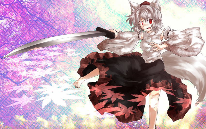 animal_ears detached_sleeves fang feet hat highres inubashiri_momiji red_eyes sakuragi_rian short_hair solo sword tail tokin_hat touhou weapon white_hair wolf_ears wolf_tail