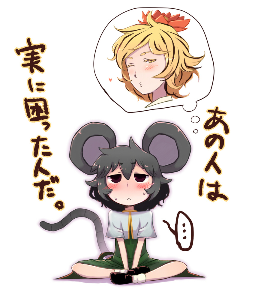 2girls :&lt; animal_ears blonde_hair blush daitai_konna_kanji face grey_hair hair_ornament highres looking_up mouse_ears mouse_tail multiple_girls nazrin short_hair tail thought_bubble toramaru_shou touhou translated v_arms yellow_eyes