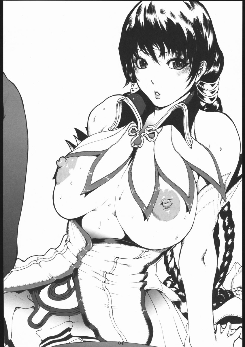 banned_artist braid breasts dress greyscale highres huge_breasts linda lineart magna_carta monochrome nipples non-web_source pantyhose reith skirt solo