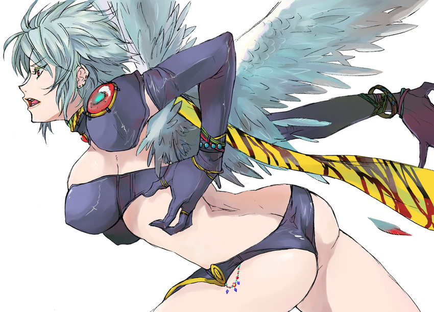 ass bibinbadonko blue_hair breasts butt_crack earrings gloves jewelry large_breasts loincloth ocarina_(violinist_of_hameln) red_eyes ring scarf solo violinist_of_hameln wings