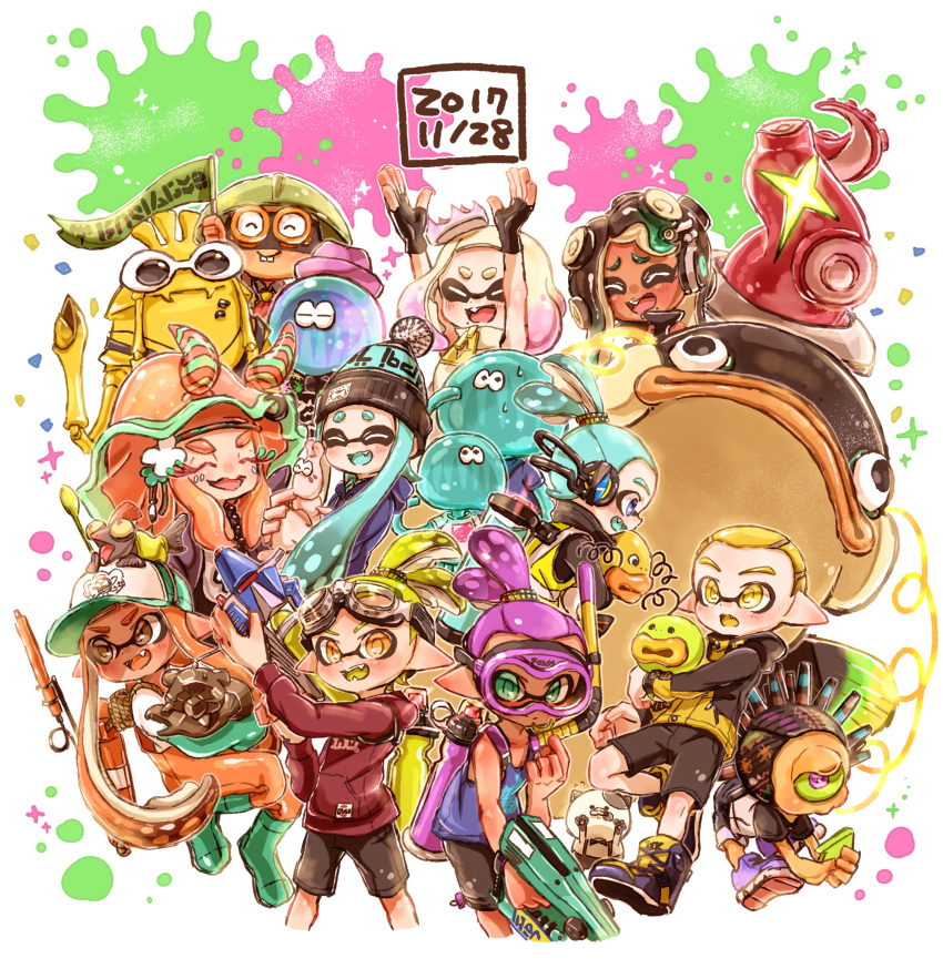 5boys 5girls absurdres aqua_hair aqua_tongue arms_up bangs baseball_cap black_hair blonde_hair blunt_bangs bobblehat boots bukichi_(splatoon) cat closed_eyes commentary crown dated denchinamazu domino_mask ebii_(splatoon) english_commentary fang fangs goggles gradient_hair green_footwear green_hair green_headwear harutarou_(orion_3boshi) hat headphones highres hime_(splatoon) holding holding_weapon iida_(splatoon) inkling jacket jajji-kun_(splatoon) jellyfish_(splatoon) jet_squelcher_(splatoon) kojajji-kun_(splatoon) lifebuoy long_hair long_sleeves looking_at_viewer mask medium_hair miura_(splatoon) multicolored_hair multiple_boys multiple_girls octarian open_mouth orange_hair orange_overalls overalls paint_splatter pink_hair pointy_ears purple_hair rubber_boots salmon_run salmonid scrunchie shirt short_hair smile snorkel spiky_(splatoon) splatoon_(series) splatoon_2 splattershot_pro_(splatoon) squidbeak_splatoon standing suction_cups topknot vest weapon white_hair white_shirt yellow_eyes yellow_jacket yellow_tongue yellow_vest zipper_pull_tab