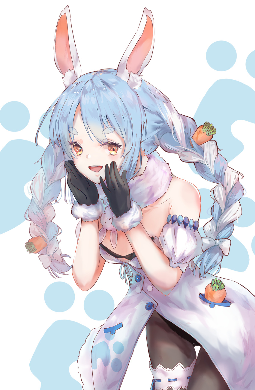 1girl animal_ear_fluff animal_ears armband bare_shoulders black_gloves blue_hair braid breasts bunny_ears bunny_girl buttons carrot carrot_hair_ornament carrot_print cleavage collarbone eyebrows eyebrows_visible_through_hair food_print food_themed_hair_ornament gloves hair_ornament hands_on_own_cheeks hands_on_own_face highres hololive leg_garter long_braid long_hair multicolored_hair open_mouth orange_eyes pantyhose scarf shin_murasame small_breasts solo twin_braids two-tone_hair upper_teeth usada_pekora virtual_youtuber white_background white_hair
