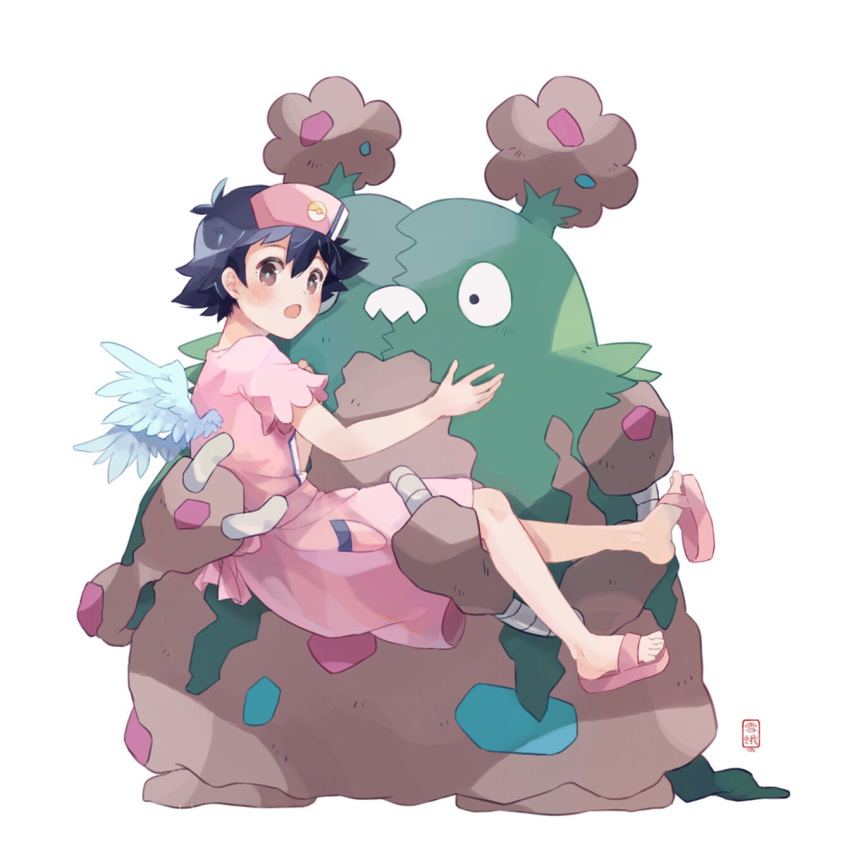 angel_wings black_hair blush brown_eyes carrying crossdressing gen_5_pokemon hat highres looking_at_viewer no_headwear nurse nurse_cap open_mouth pink_clothes pokemon pokemon_(anime) pokemon_(creature) pokemon_sm_(anime) princess_carry satoshi_(pokemon) trubbish wings xue_ezi