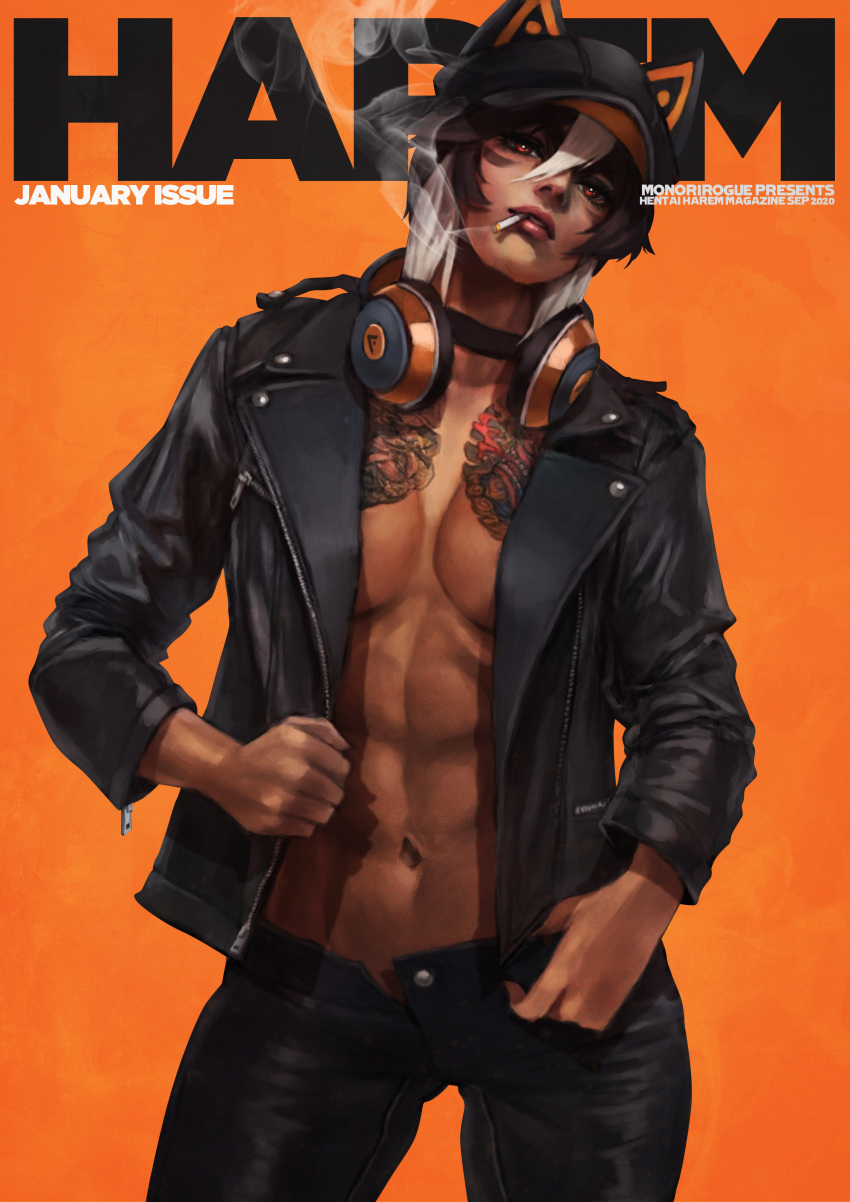 1girl abs absurdres animal_hat ass_visible_through_thighs axis_(monori_rogue) black_hair black_jacket black_pants breast_tattoo breasts cabbie_hat cat_hat cigarette commentary contrapposto cover denim english_commentary english_text facing_viewer fake_magazine_cover fashion hair_between_eyes hat head_tilt headphones headphones_around_neck highres jacket jeans leather leather_jacket lips looking_at_viewer magazine_cover makeup mascara medium_breasts monori_rogue multicolored_hair navel no_bra nose open_clothes open_fly open_jacket orange_background orange_eyes original pants short_hair smoke smoking solo standing stomach tattoo two-tone_hair white_hair wireless