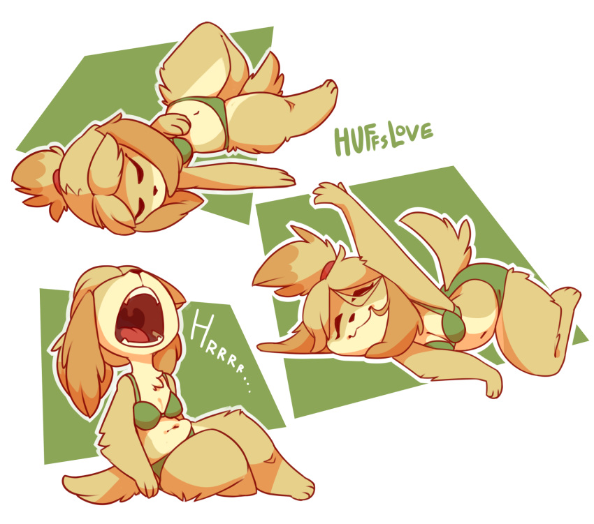2019 animal_crossing anthro breasts canid canine canis clothing domestic_dog female floppy_ears fur hi_res huffslove isabelle_(animal_crossing) mammal navel nintendo open_mouth signature sleeping smile underwear video_games