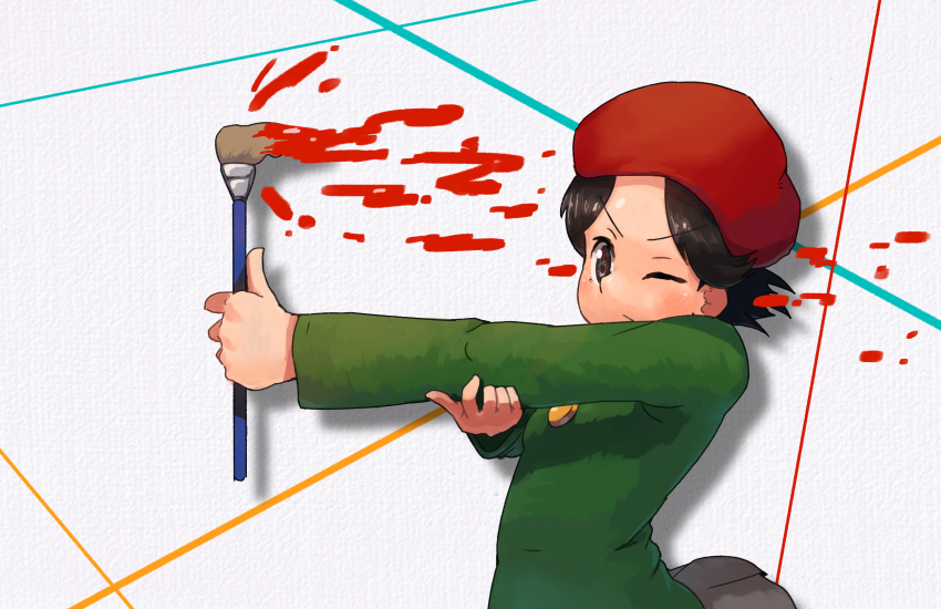 1girl adeleine artist_painter brown_hair commentary_request forehead hand_on_own_elbow hat highres holding holding_paintbrush katsu_(katsupainter) kirby_(series) kirby_64 one_eye_closed outstretched_arm paint paint_splatter paintbrush red_headwear short_hair skirt smock solo thumbs_up